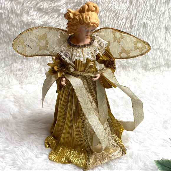 Vintage Shiny Gold And Lace Angel Porcelain Christmas Tree Topper - Picture 1 of 8